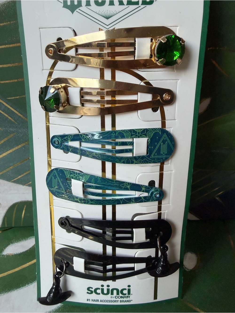 Scünci Wicked Elphaba Hair Snap Clips 6 Pc Witch Hat Green Crystal NWT